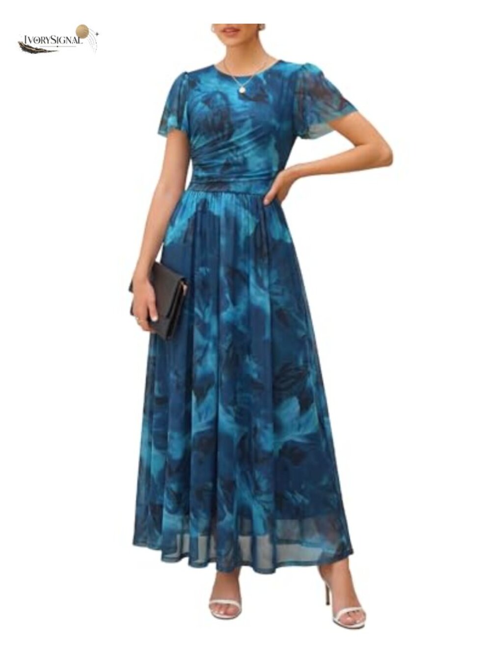Women's Floral Mesh Maxi Dress Flutter Sleeve Ruched A-Line Beach Wedding Guest
